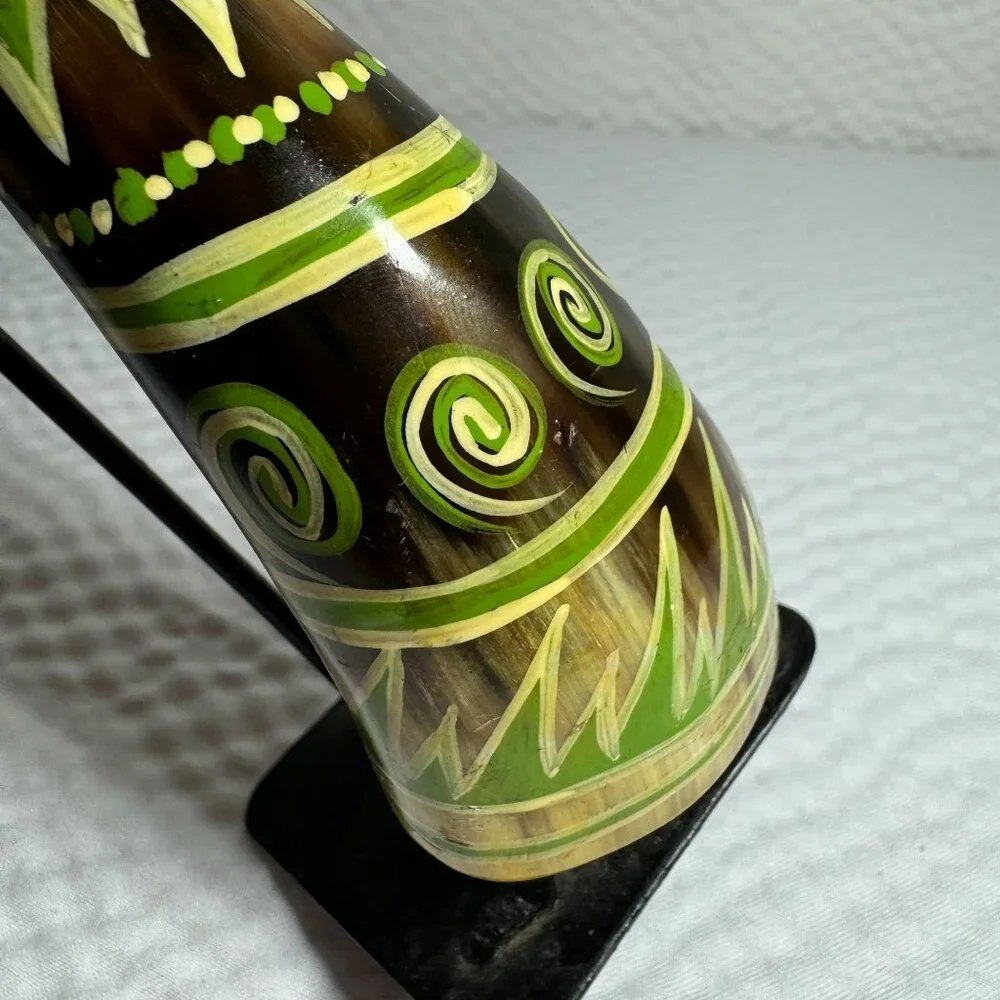 Vintage Handcrafted Tribal Candle Holder With African Motif Metal & Cow Horn - Picture 6 of 8